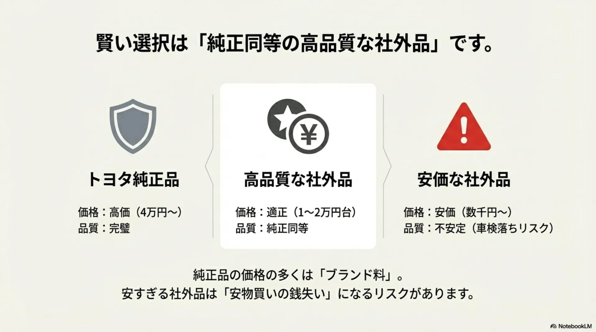 純正品の高い信頼性と価格、社外品の安さとリスク（車検不適合）、高品質な社外品のバランスを図解したイラスト。