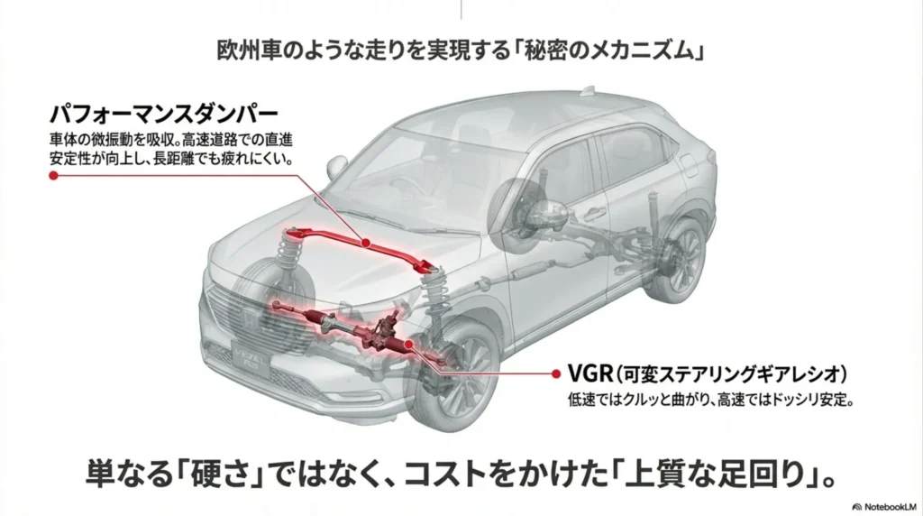 ヴェゼルRSの走り心地を支えるパフォーマンスダンパーとVGR(可変ステアリングギアレシオ)の仕組み解説図。