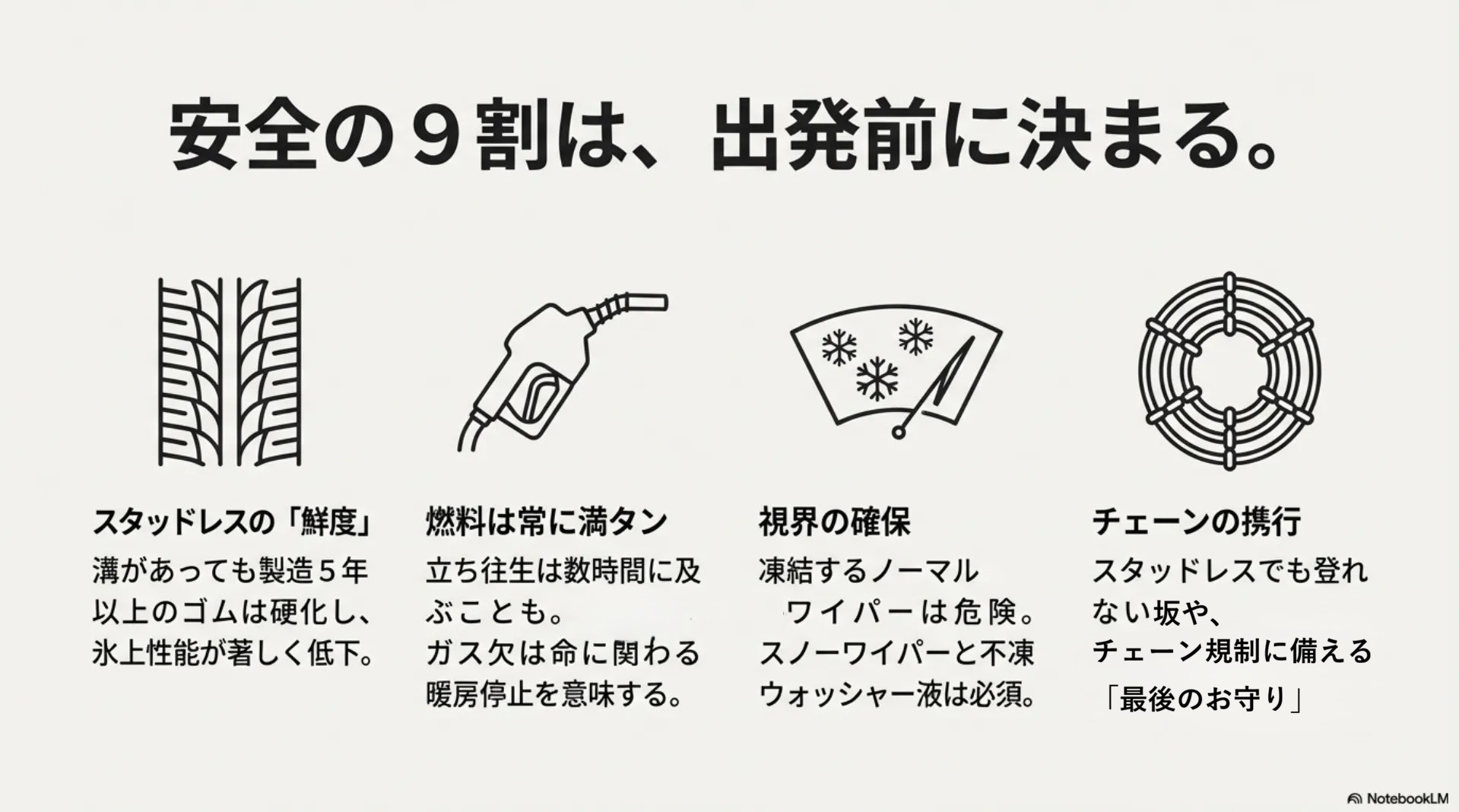 雪道ドライブ出発前の必須点検項目。スタッドレスタイヤの溝・鮮度、燃料満タン、スノーワイパーによる視界確保、チェーンの携行。