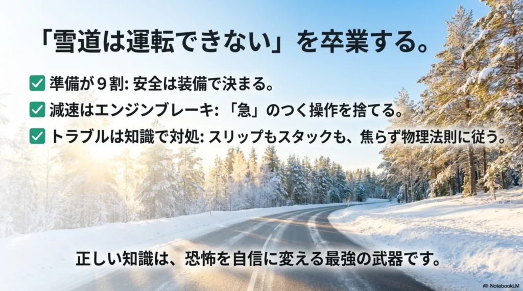 雪道運転のまとめ。準備が9割、減速はエンジンブレーキ、トラブルは知識で対処することを再確認するチェックリスト。