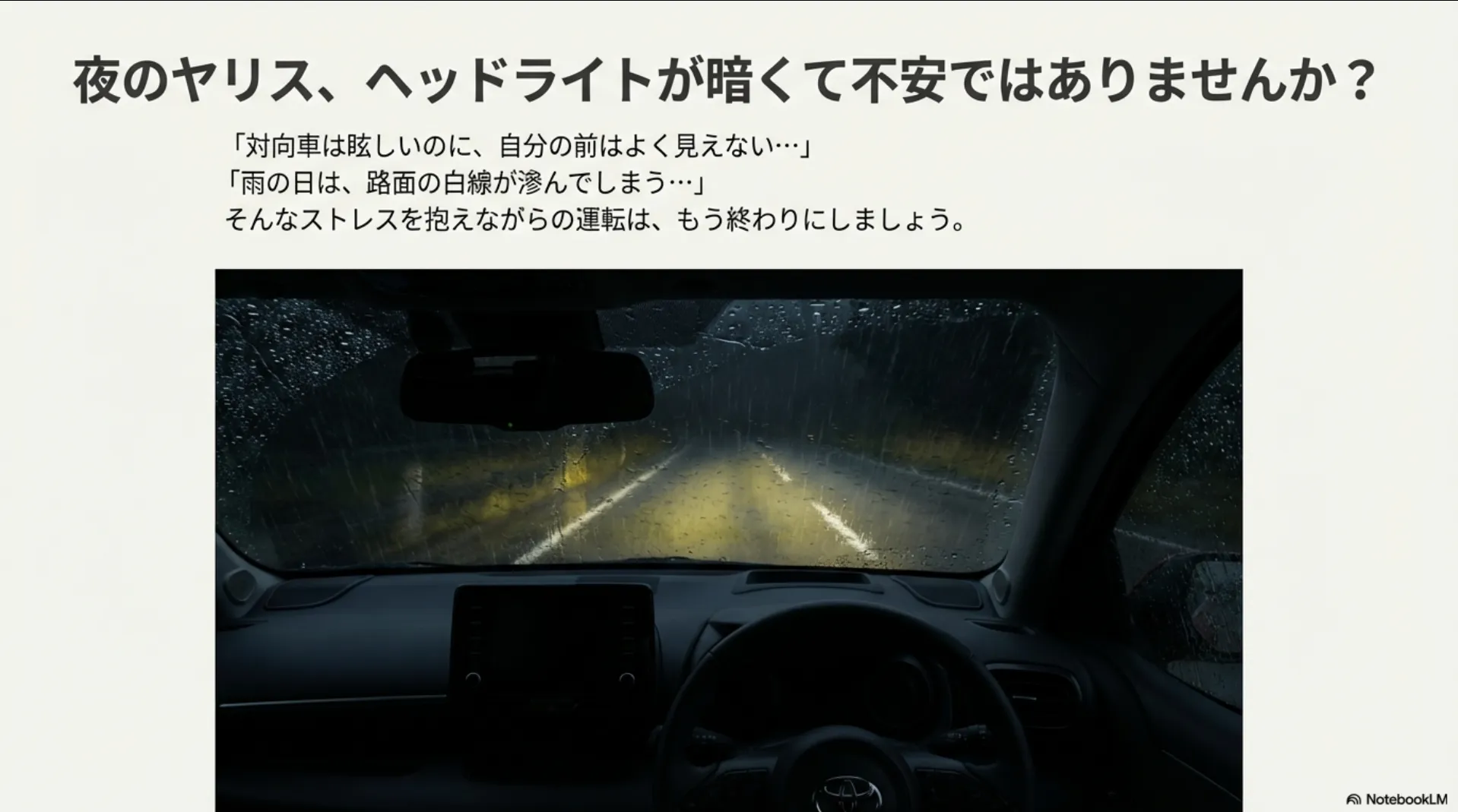 雨の夜道を走行するヤリスの運転席視点。純正ハロゲンヘッドライトが暗く、視界が悪い様子。