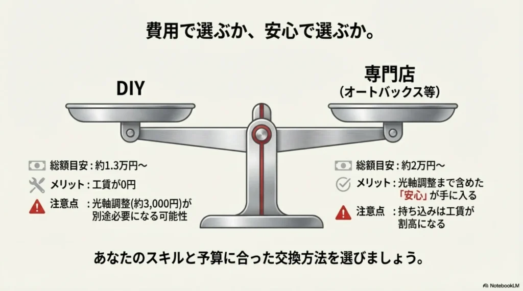 天秤のイラストを用いて、DIYの安さと専門店の安心感を比較。それぞれの費用目安とメリット・注意点を記載。