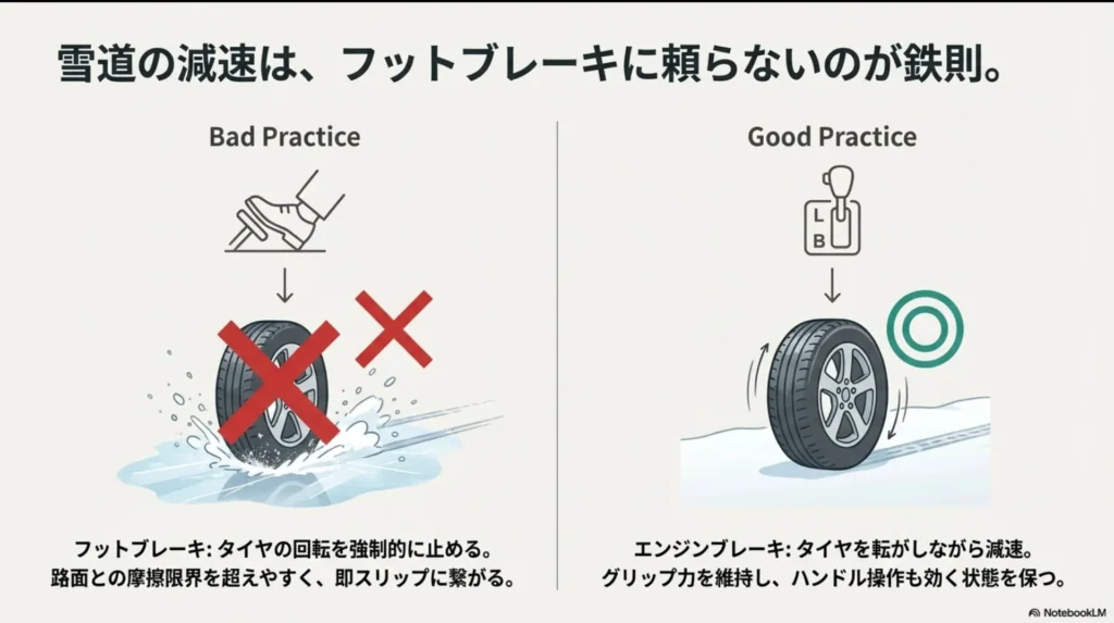 雪道での減速操作比較図。フットブレーキはスリップの原因となり危険。LやBレンジを使ったエンジンブレーキが安全な減速方法である。