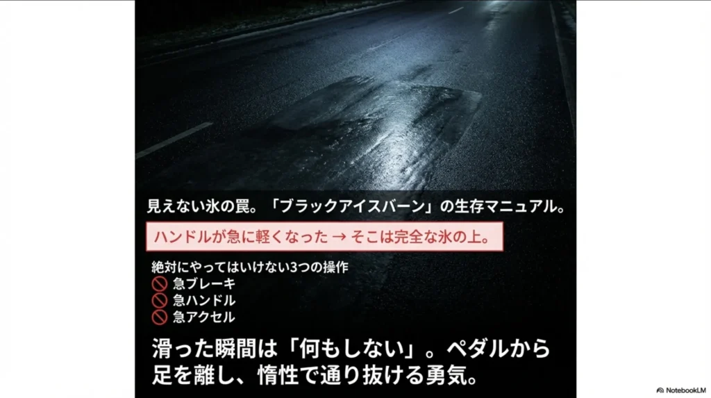 ブラックアイスバーンでやってはいけない3つの操作。急ブレーキ、急ハンドル、急アクセルはスリップを誘発するため厳禁。