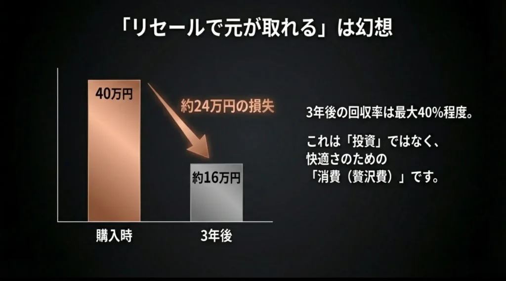 40万円の投資が3年後には約16万円の価値になり、約24万円の損失になることを示すグラフ。投資ではなく消費(贅沢費)であると解説。