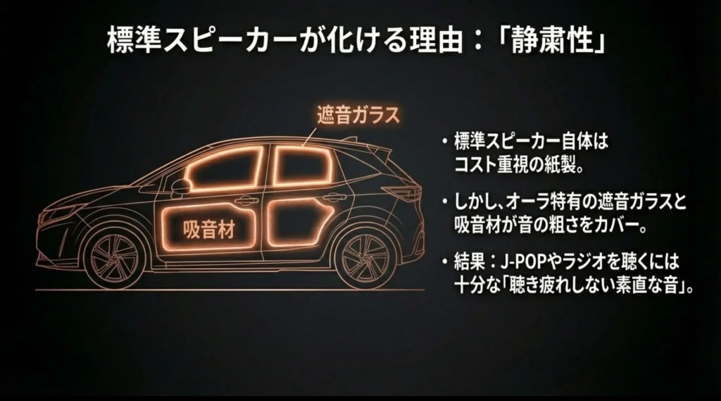 日産オーラの車体断面図。遮音ガラスと吸音材が標準スピーカーの音の粗さをカバーし、聴き疲れしない音を実現している仕組みを解説。