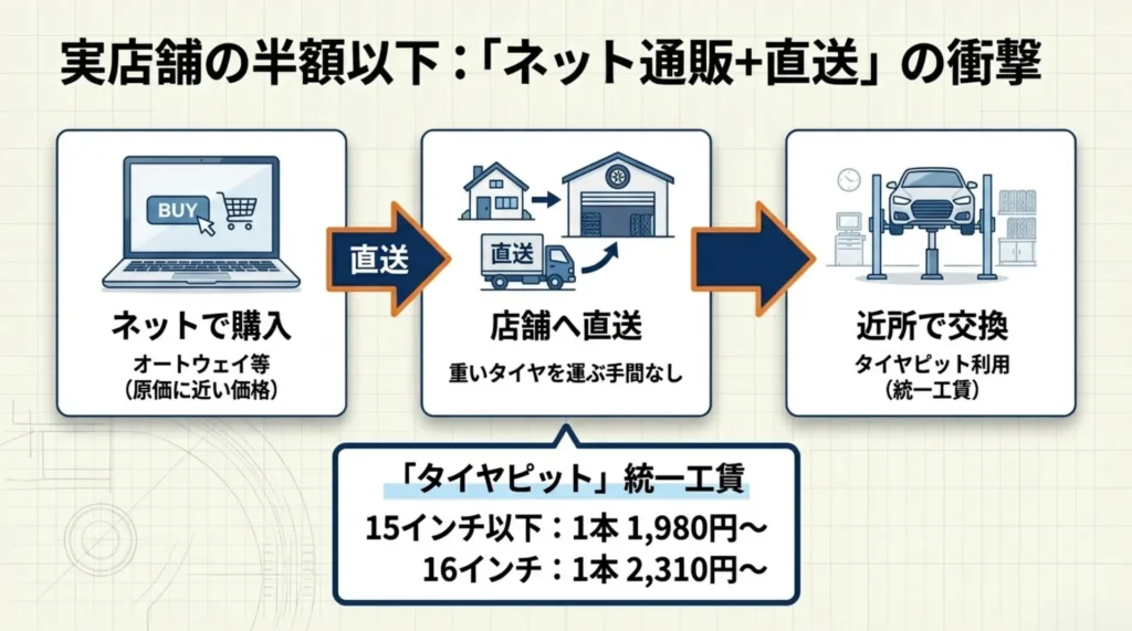 ネットで購入したタイヤを店舗へ直送し、近所の提携店（タイヤピット等）で統一工賃にて交換するステップの解説。