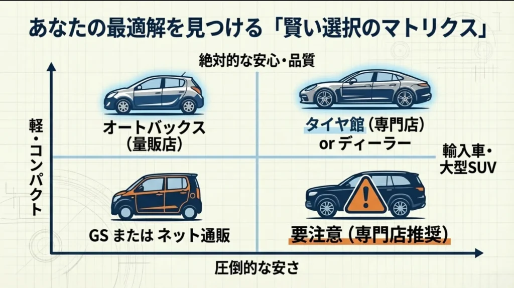 軽・コンパクトカーから輸入車・大型SUVまで、安さと安心の優先度に応じた最適な交換先のマップ。
