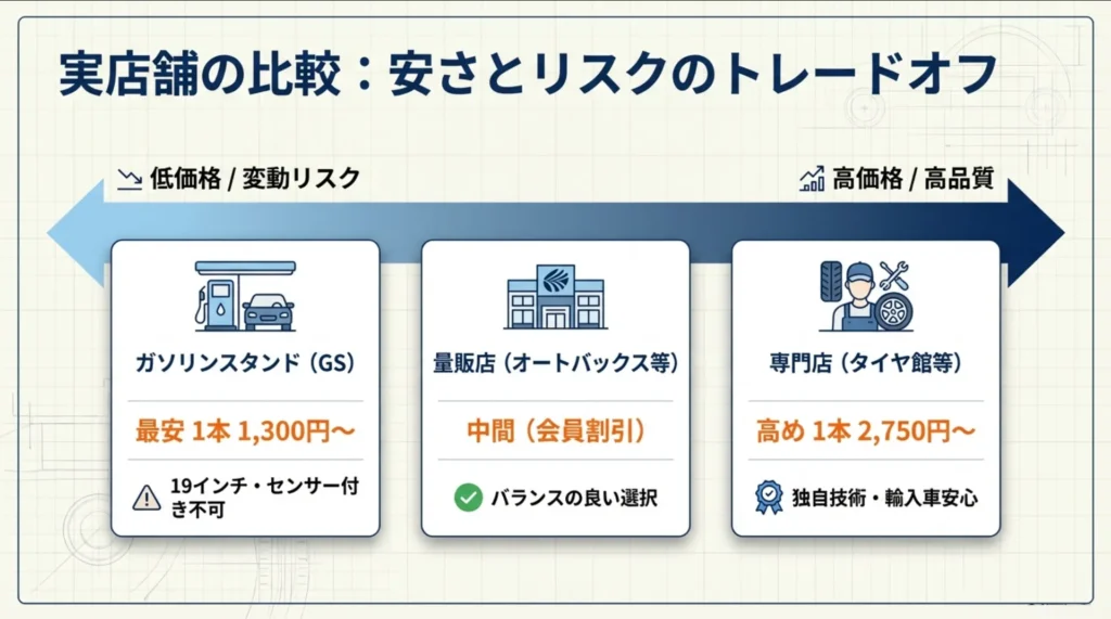 ガソリンスタンド、オートバックス等の量販店、タイヤ館等の専門店の価格帯とサービス品質のトレードオフ図解。