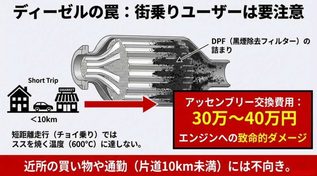 ディーゼル車は短距離走行(チョイ乗り)を繰り返すとDPFが詰まり、30万から40万円のアッセンブリー交換費用がかかる。