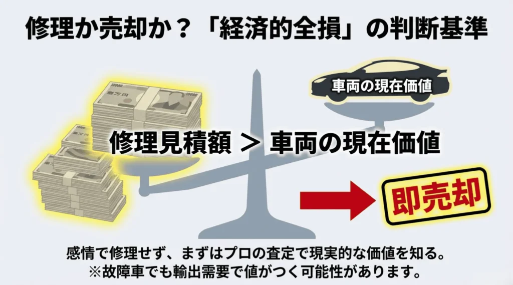 修理見積額が車両の現在価値を上回った場合は経済的全損。感情で修理せずプロの査定で現実的な価値を知るべき。