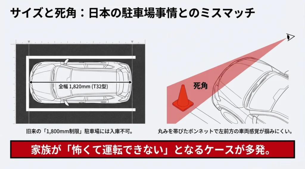 全幅1820mmのT32型は日本の駐車場事情とミスマッチ。左前方に大きな死角あり。