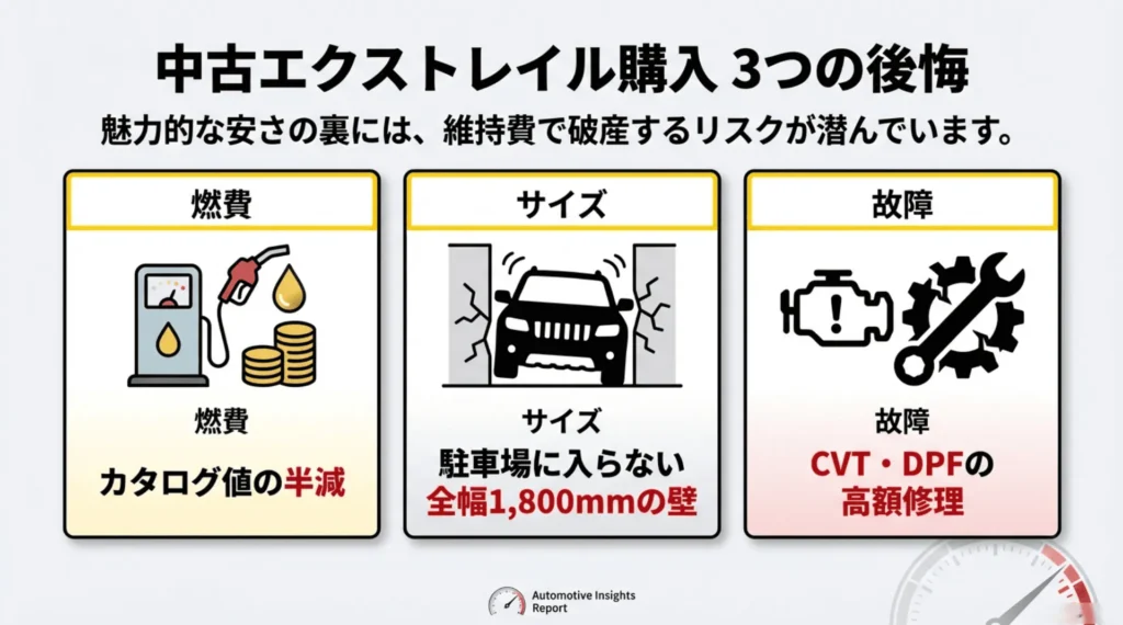 中古エクストレイル購入で後悔しやすい3つのポイント。燃費の半減、全幅1800mmのサイズ、CVTやDPFの高額修理。