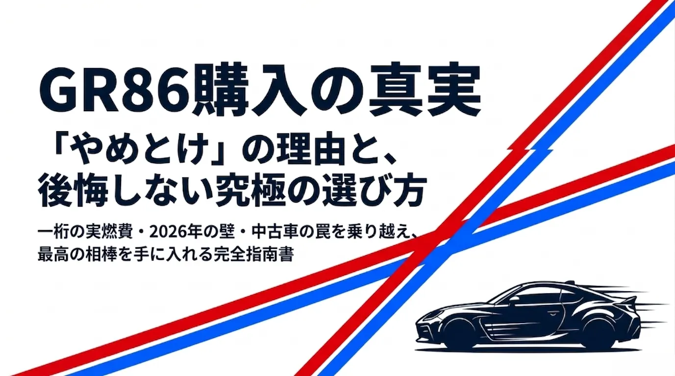 黒いGR86のイラストと「GR86購入の真実」「やめとけの理由と後悔しない選び方」というテキスト