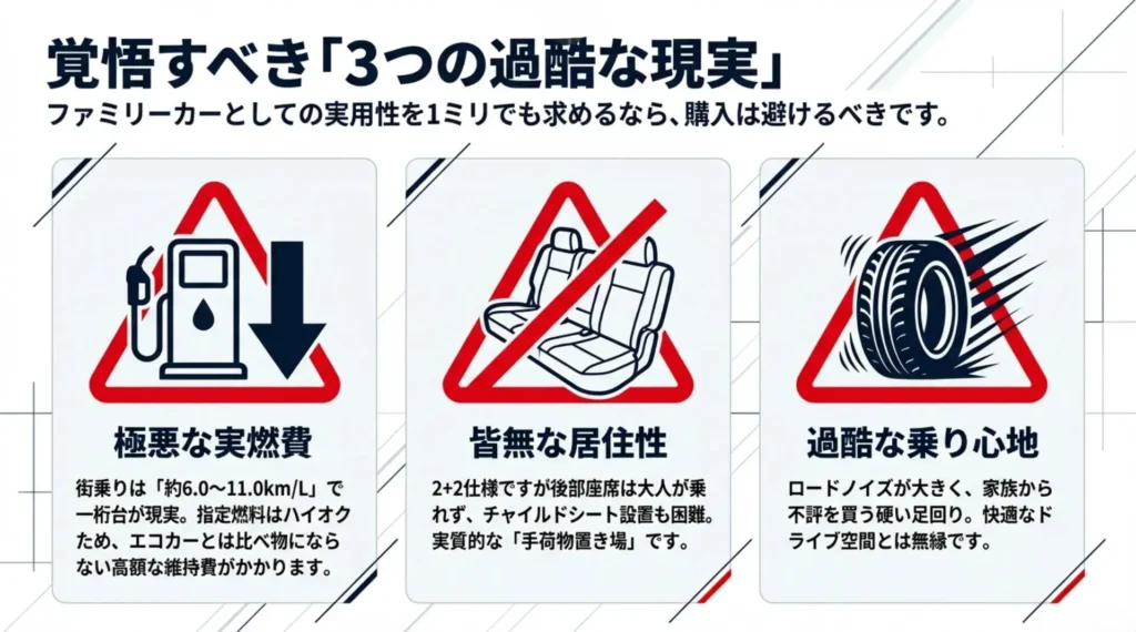 ガソリン代の高騰、後部座席の居住性皆無、乗り心地の硬さを示すアイコンと解説