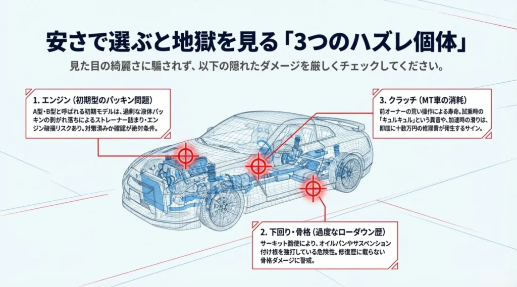 GR86の透視図と、初期型エンジンパッキン問題、過度なローダウンによる下回りダメージ、MT車のクラッチ消耗の解説