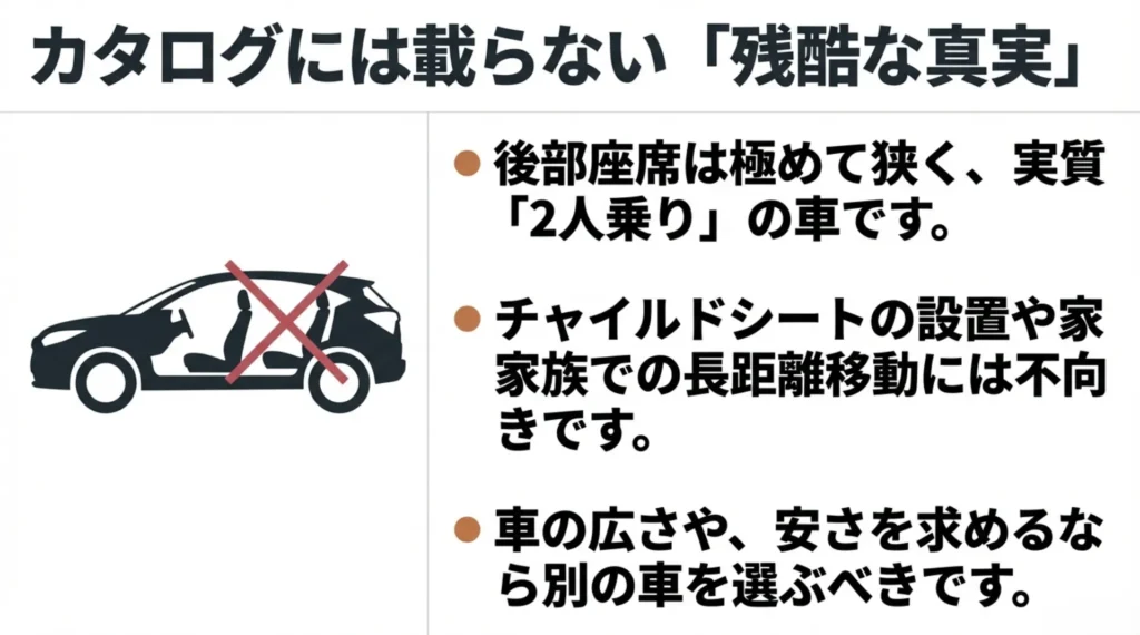 レクサスLBXの車内空間の図解。後部座席が極めて狭く、チャイルドシートの設置や家族での長距離移動には不向きであり、実質2人乗りの車であることを示すイラスト。