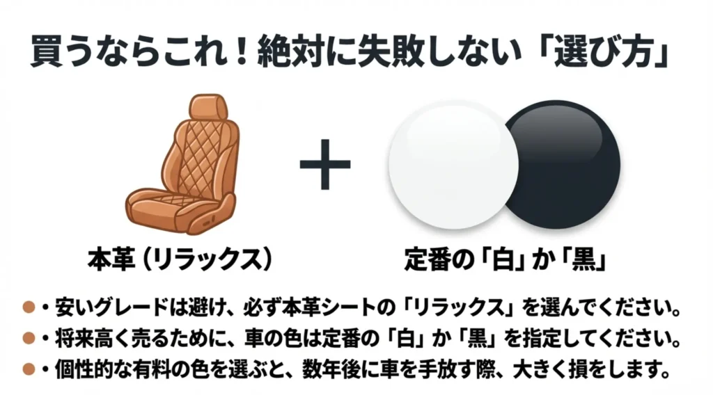 失敗しない選び方として、将来高く売るための定番の白か黒のボディカラーと、本革の「リラックス」グレードを推奨する解説図