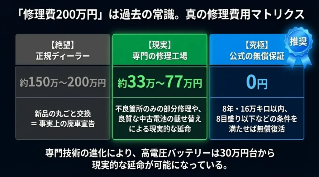ディーラーの200万円修理に対し、専門工場での30万円台修理や公式無償保証を比較した表。