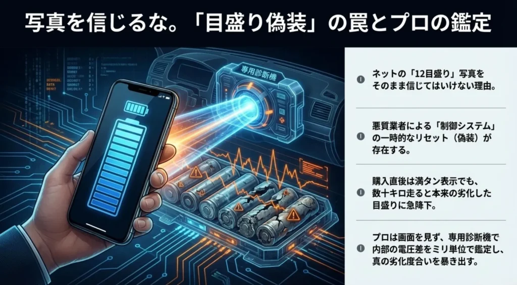 中古リーフのLBCリセットによる目盛り偽装と、専用診断機による内部電圧の鑑定イメージ。