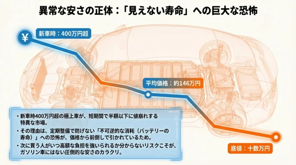 新車価格400万円超のリーフが、バッテリー寿命への恐怖から短期間で値崩れする市場の仕組み。