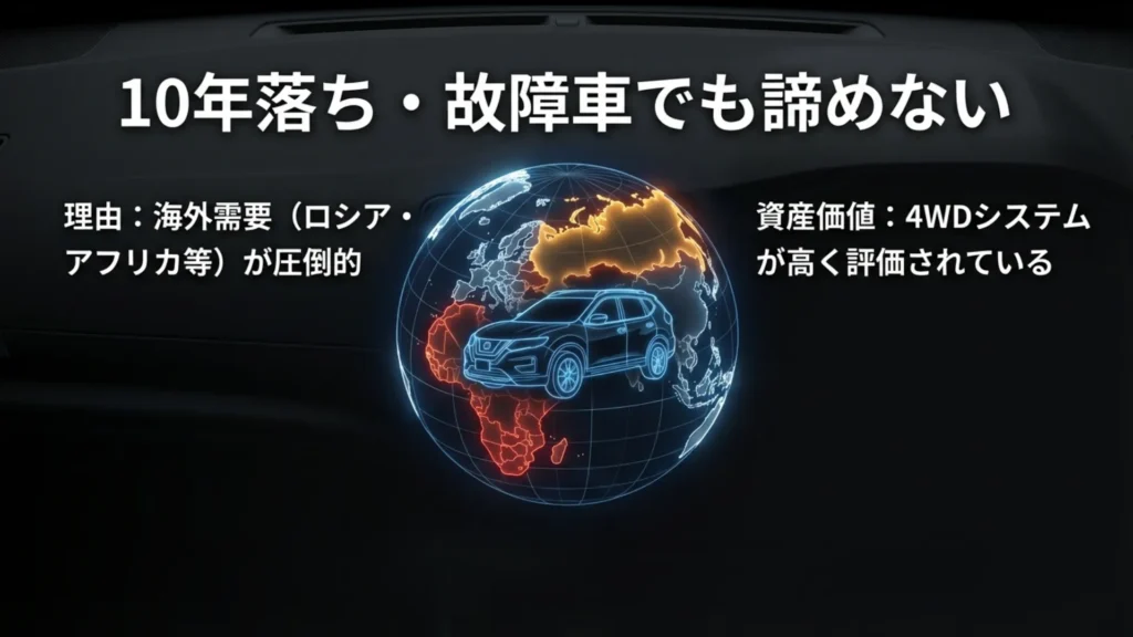 ロシアやアフリカなど、10年落ちや故障車でもエクストレイルが高く評価される理由である海外需要を示す地球儀と車のイラスト