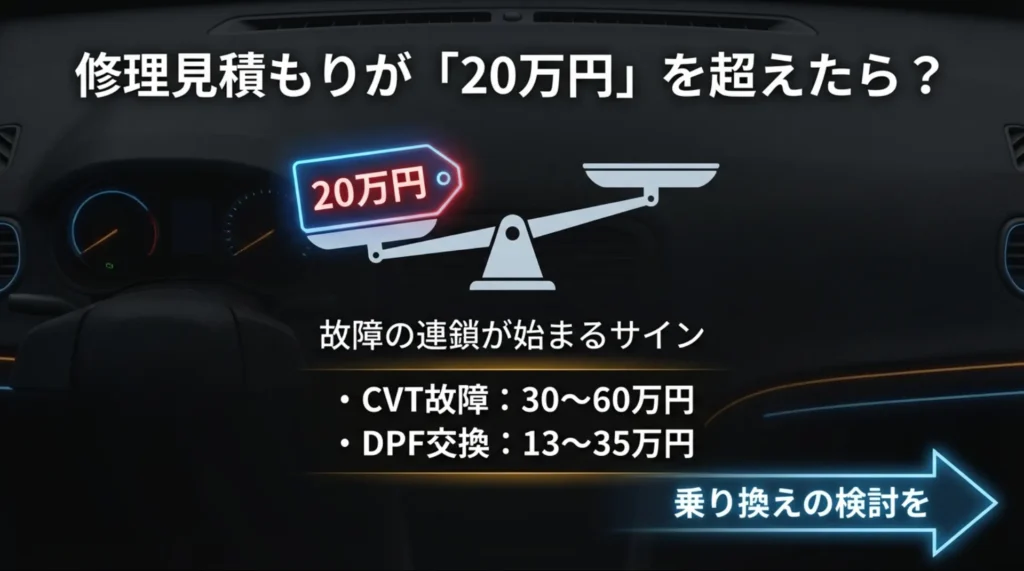 CVT故障やDPF交換など、修理見積もりが20万円を超えた場合に故障の連鎖が始まるサインを示す天秤のイラスト