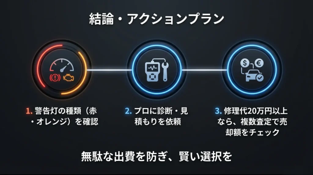 警告灯の確認からプロへの診断依頼、20万円以上の修理代時の複数査定までを示す3つのアクションプラン
