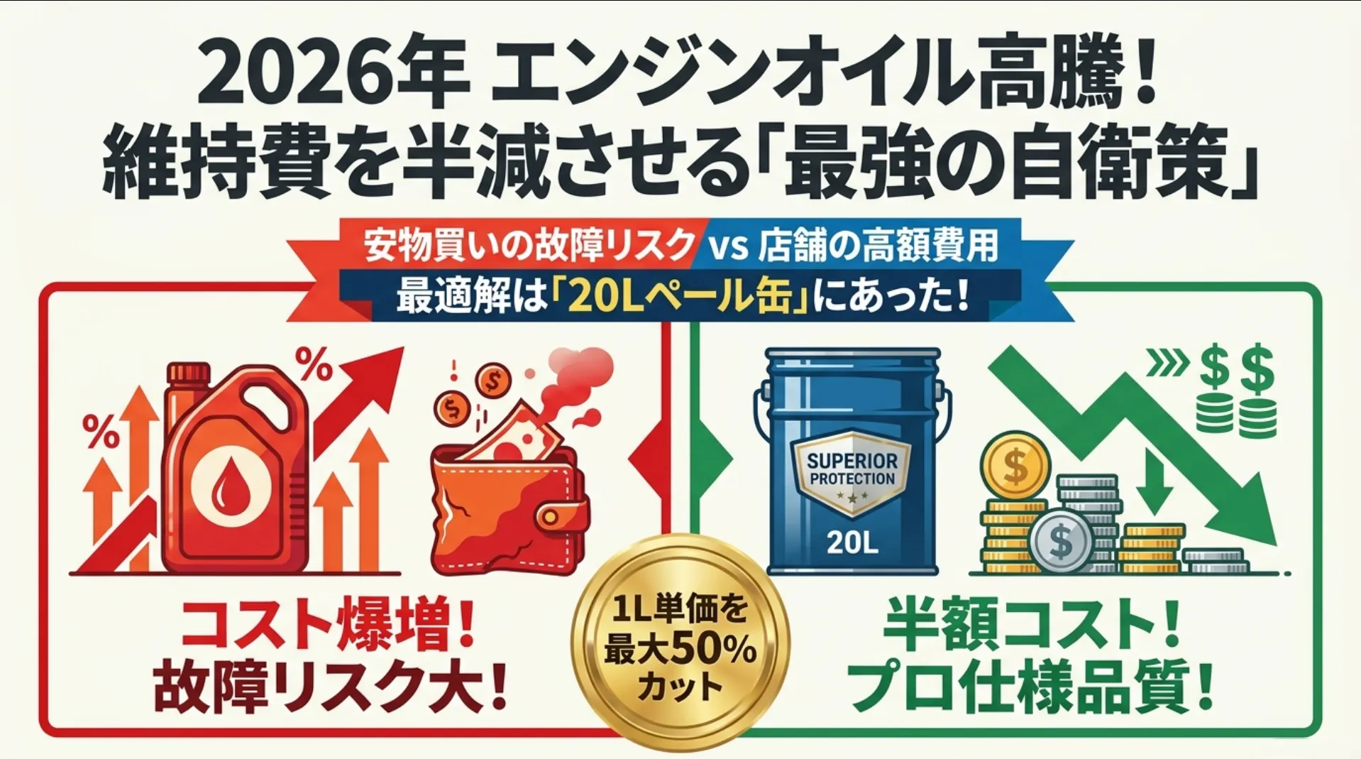 2026年エンジンオイル高騰！維持費を半減させる最強の自衛策は20Lペール缶