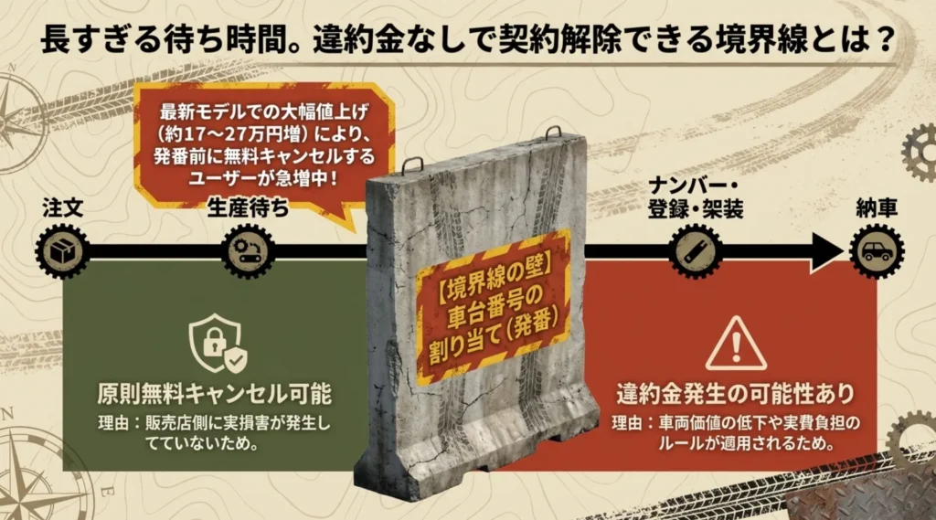 注文から納車までの流れにおいて、車台番号の割り当て（発番）前であれば原則無料でキャンセル可能であることを示す法的境界線の解説図。
