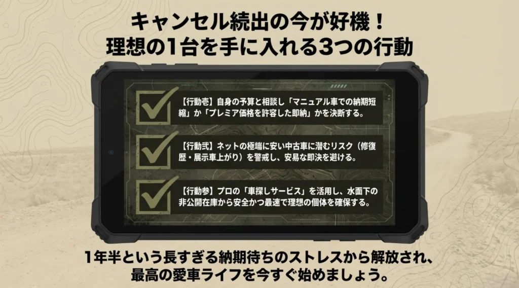予算に合わせた納期短縮の決断、安い中古車の回避、非公開在庫の活用の3つの行動指針をまとめたアクションプランの要約。