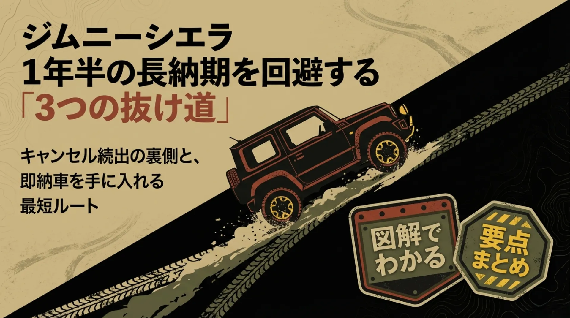 ジムニーシエラの1年半という長納期を回避し、キャンセル車や即納車を最速で手に入れるための3つの抜け道を解説するまとめスライド。