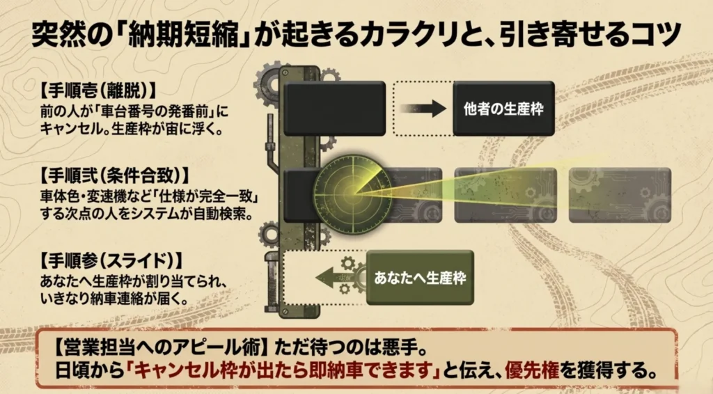 前の人がキャンセルした生産枠が、仕様の合致する次点の人へ割り当てられる手順と、営業担当へのアピール術をまとめた図解。