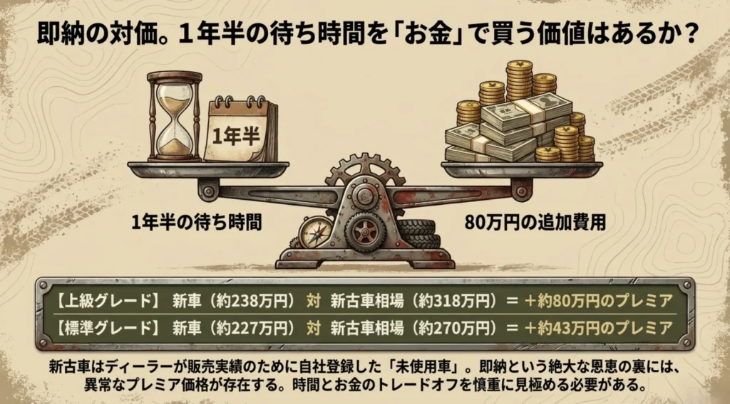 1年半の待ち時間と80万円の追加費用を天秤にかけたイラスト。新車価格と、プレミア価格がついた新古車相場の比較表。