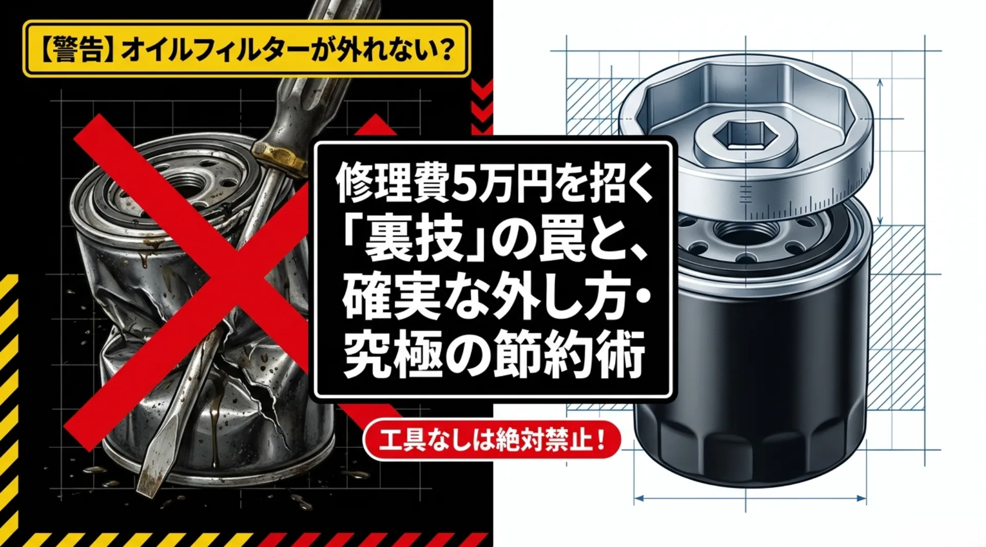 オイルフィルターが外れない時の確実な外し方と、修理費5万円を招く裏技の罠を解説したアイキャッチ画像