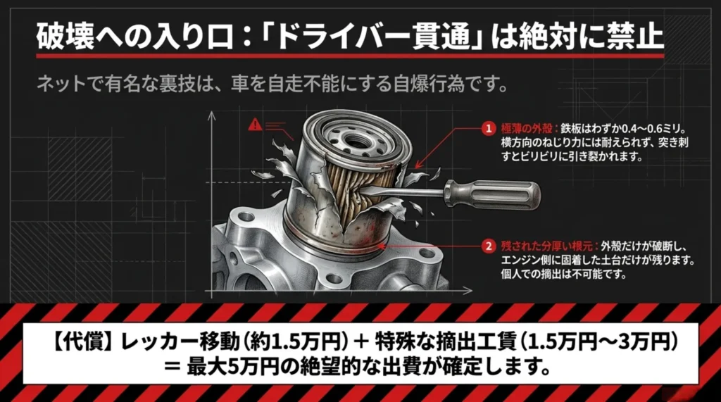 オイルフィルターにマイナスドライバーを貫通させると極薄の外殻が引き裂かれ、自走不能となって最大5万円の修理費がかかるリスクを解説した図解