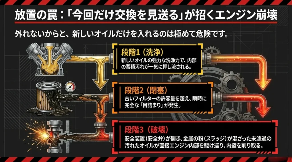 フィルター交換を飛ばすと新しいオイルの洗浄力で目詰まりが発生し、安全弁が開いて未濾過のオイルがエンジン内部を削り取る過程を示した図解