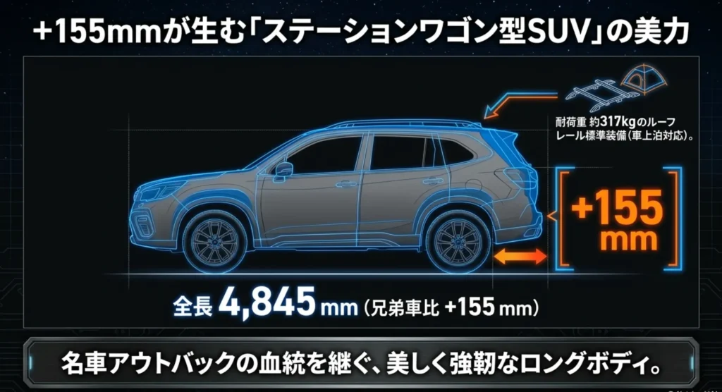 トレイルシーカーは兄弟車より全長を155mm延長した4,845mmのロングボディを持ち、耐荷重約317kgのルーフレールを標準装備したステーションワゴン型SUVであることを示す車両図