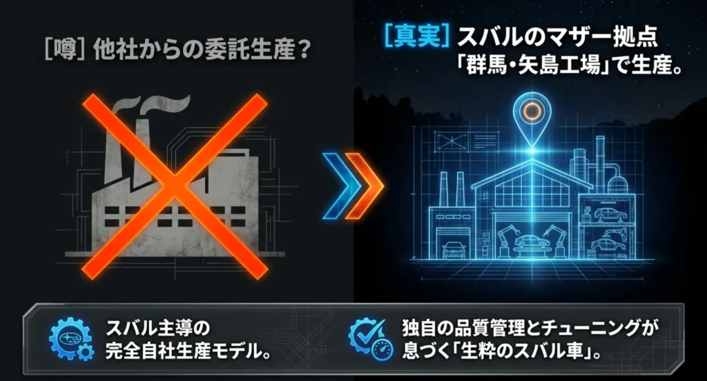 トレイルシーカーは他社からの委託生産ではなく、独自の品質管理とチューニングが息づくスバルの群馬・矢島工場で生産された完全自社生産モデルであることを示す図解