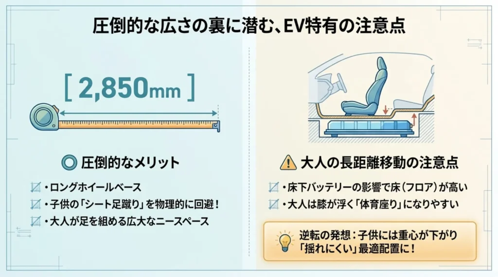 トレイルシーカーの床下に配置されたバッテリーとシート位置の図解。ロングホイールベースによる2,850mmの広大な足元空間と、床下バッテリーの影響で大人は膝が浮く「体育座り」になりやすい注意点を示したイラスト 。
