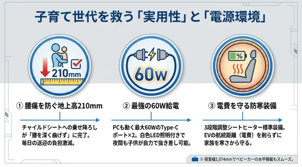 トレイルシーカーの実用装備の解説図。親の腰痛を防ぐ地上高210mm、PCも動かせる60W給電のType-Cポート、EVの電費を守りつつ寒さから守るシートヒーターの3つのメリットをまとめたイラスト 。