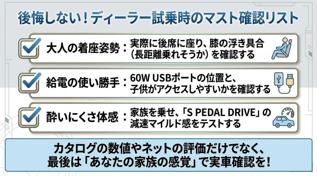トレイルシーカーをディーラーで試乗する際の確認リスト。大人の着座姿勢での膝の浮き具合、60W給電ポートの使い勝手、S PEDAL DRIVEの減速マイルド感テストなど、家族の感覚で実車確認すべきポイント 。
