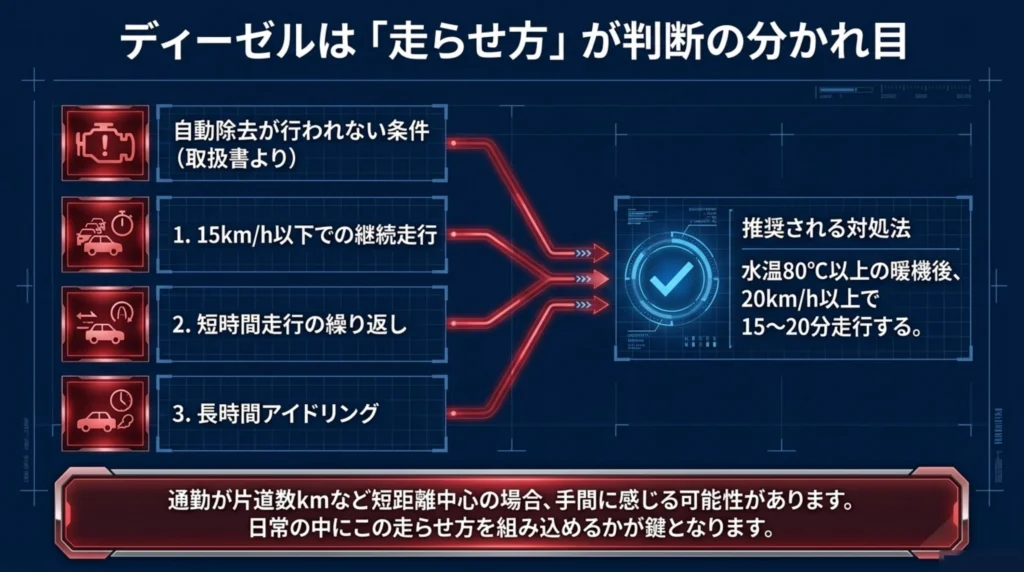 CX-8のディーゼル車でDPFの自動除去が行われにくい3つの条件と、取扱書が案内する対処方法を示した図