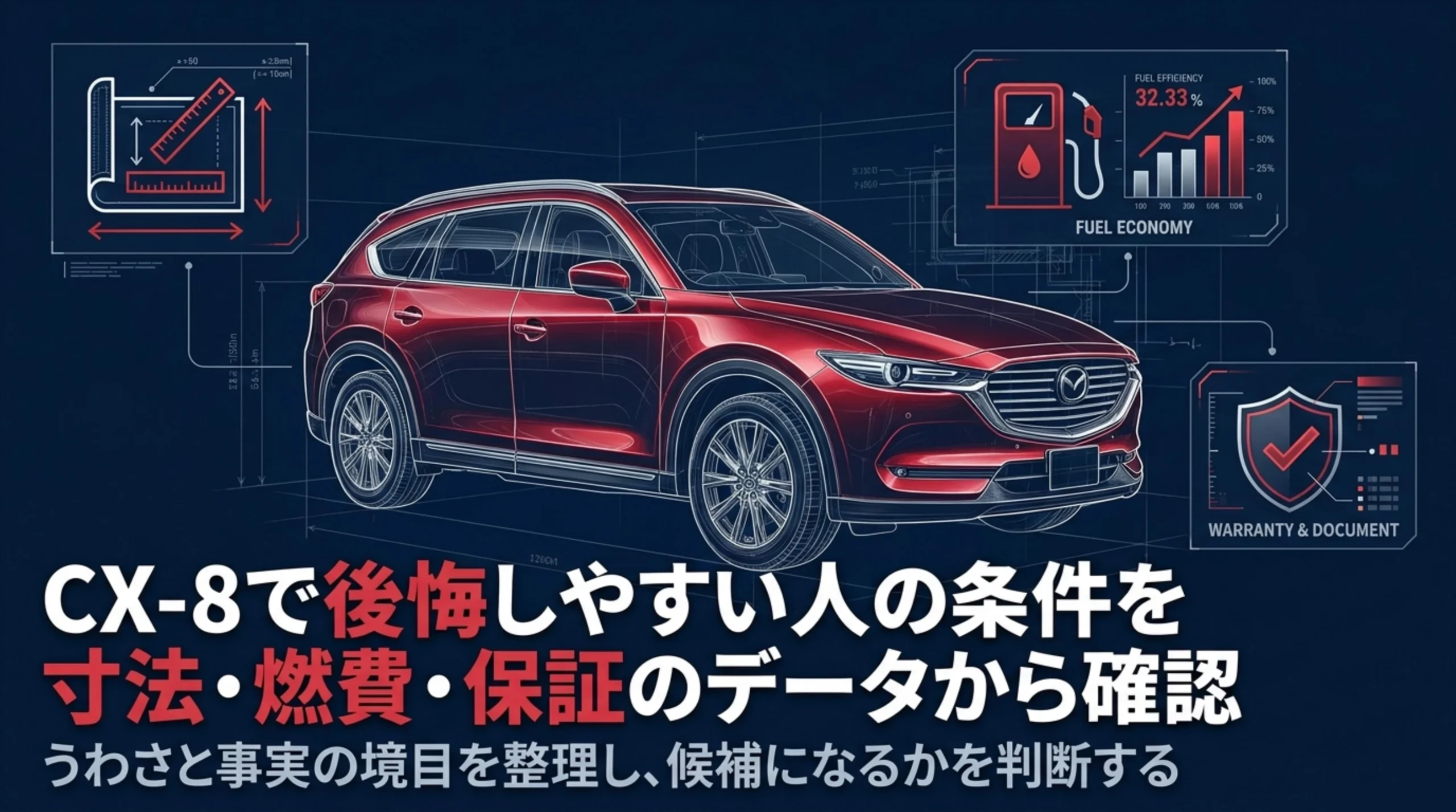 マツダCX-8のスケッチと、寸法・燃費・保証を示すアイコンを配置したアイキャッチ画像