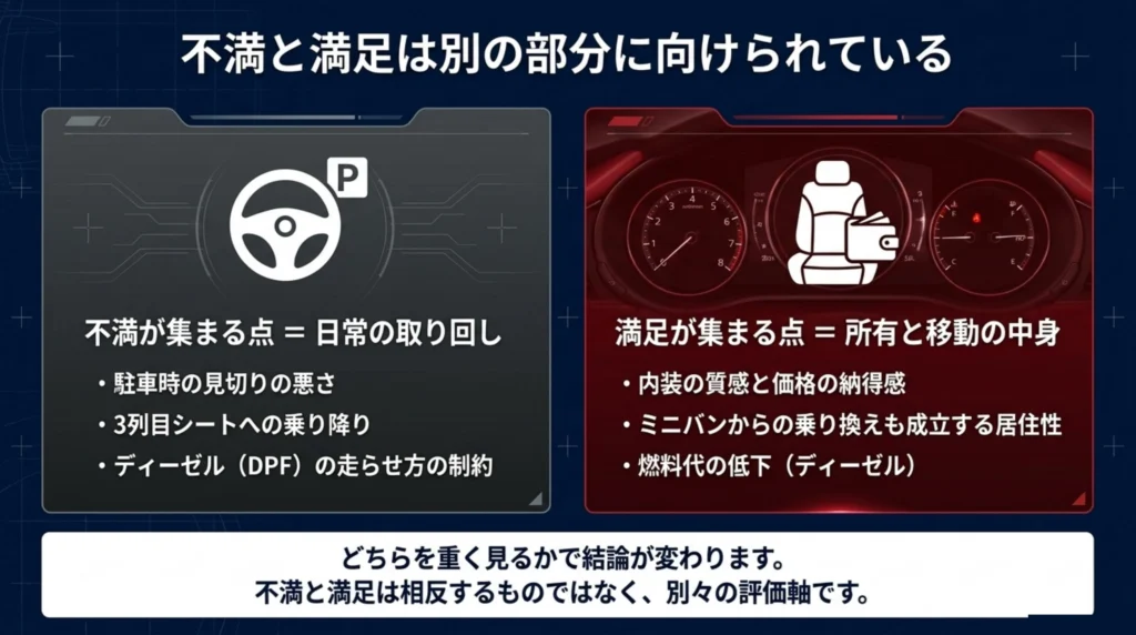 CX-8への不満は日常の取り回し、満足は所有と移動の質に向けられているという対比を示した図