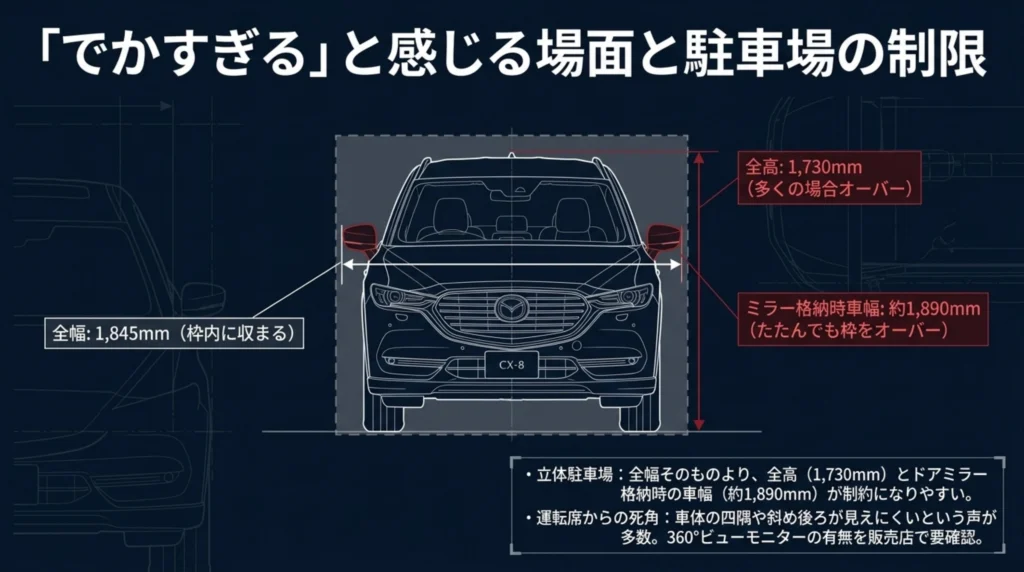 CX-8の全高1730mmとドアミラー格納時の車幅約1890mmが、機械式駐車場の一般的な制限に対してどう影響するかを示した図解