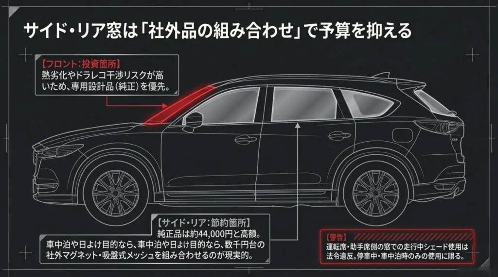 CX-8のフロントガラスとサイド・リア窓でサンシェードの予算配分を分ける考え方を示す図