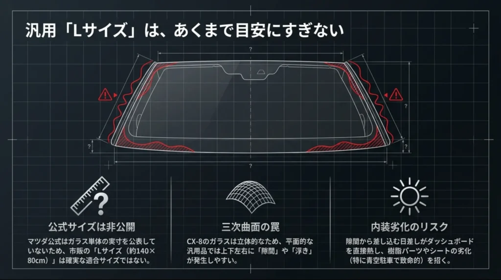 CX-8のフロントガラスと汎用Lサイズサンシェードの隙間を示す図解