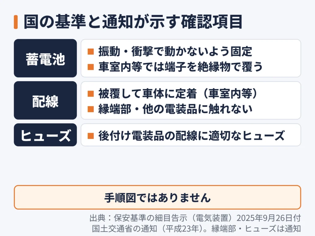 蓄電池・配線・ヒューズについて、国の基準と通知が示す確認項目を、保護する対象ごとに並べた図